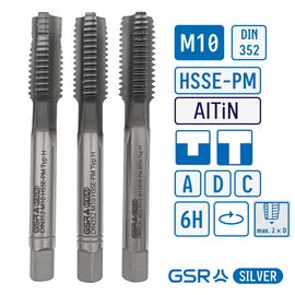 Метчики ручные GSR М10 комплект 3 шт по жаропрочным и закаленным сталям DIN 352 HSSE-PM-AlTiN тип H 6H Silver